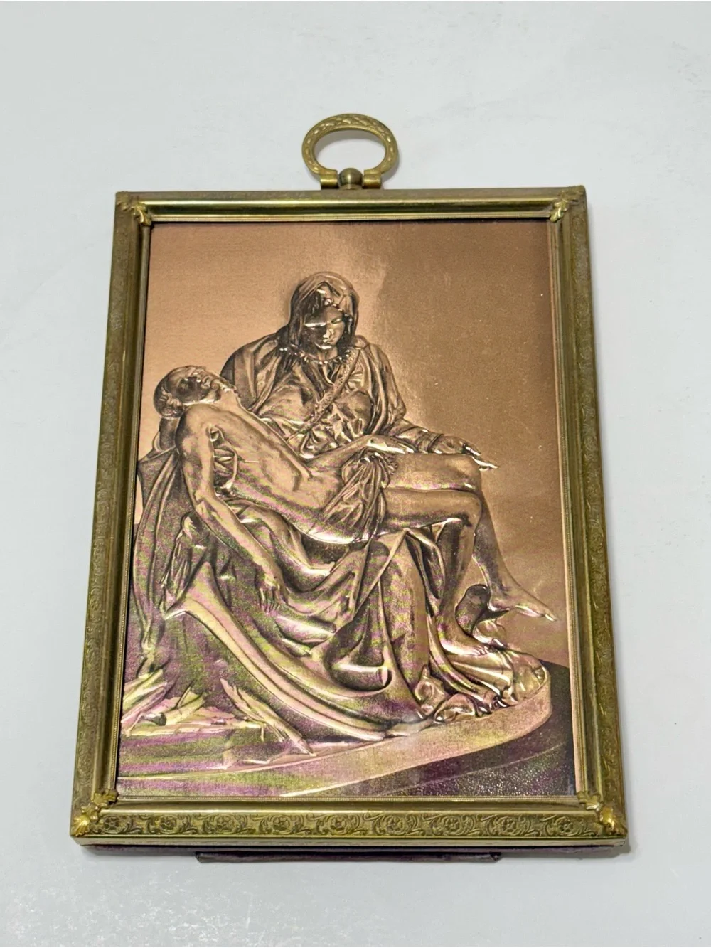 Vintage Michelangelo Pietà Copper Relief Wall Plaque Brass Frame Religious Art